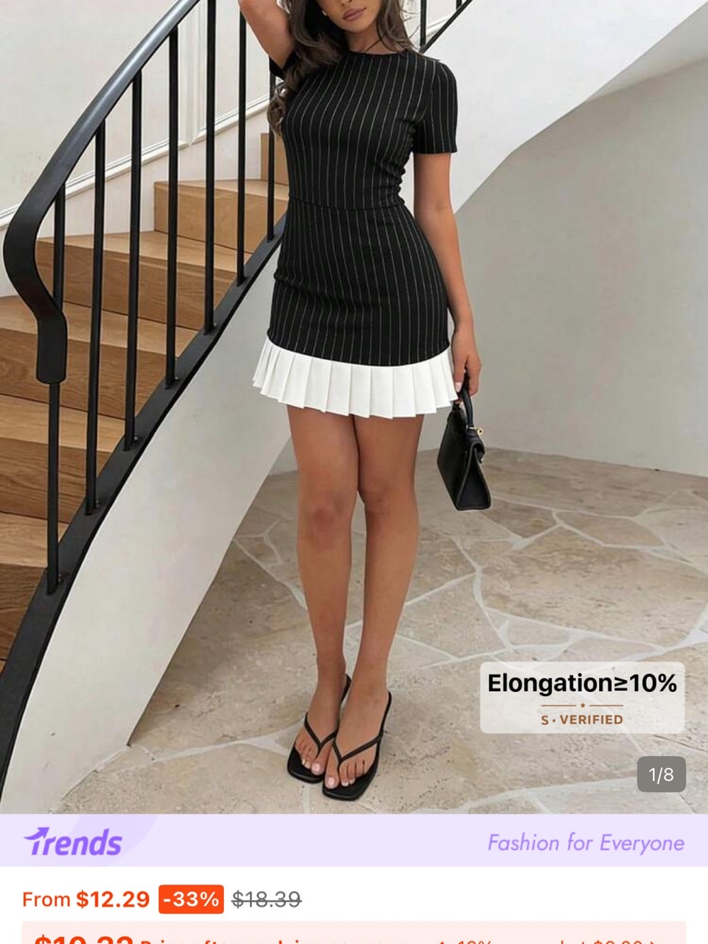 Women’s Black Pinstripe Midi Dress with White Pleated Hem